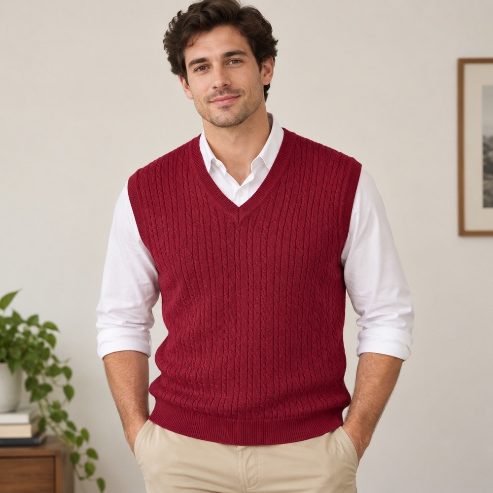 W.H. Belk Sweater Vest Mens Large Burgundy Cable Knit Mercerized Cotton Luxury